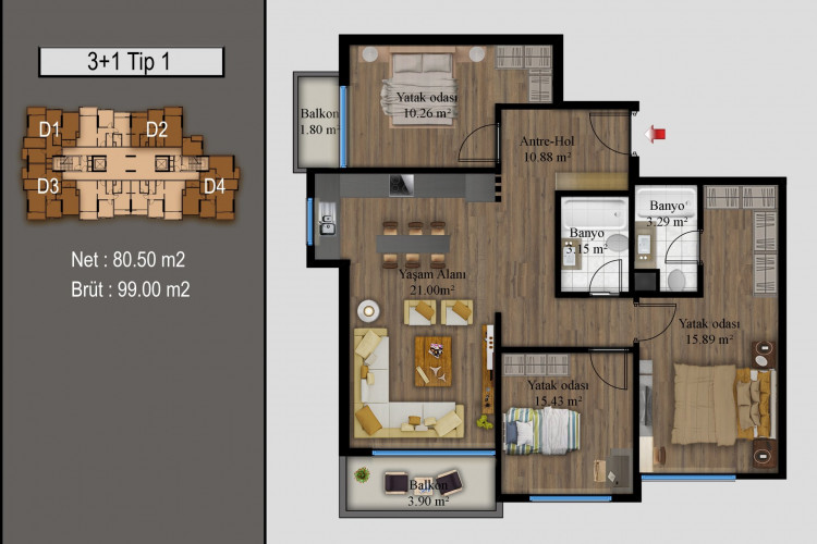 Квартира 3+1 в Мерсине, Турция | PTE-55197