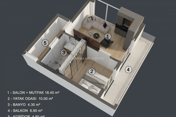 Квартира 1+1 в Муратпаше, Анталия, Турция | PKK-45450